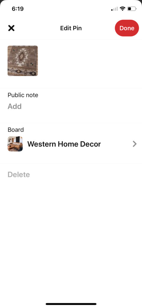 Screenshot of the "edit pin" page on pinterest