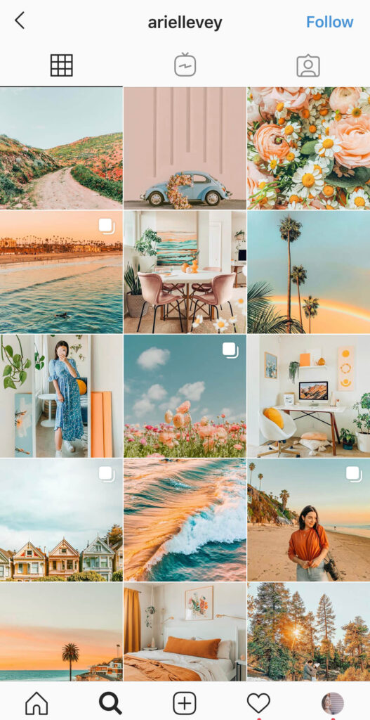 Screenshot of Instagram 9-grid with blues, melon, and pinks