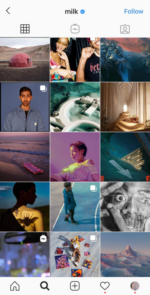 Screenshot of Instagram 9-grid with purples, blues, and creams