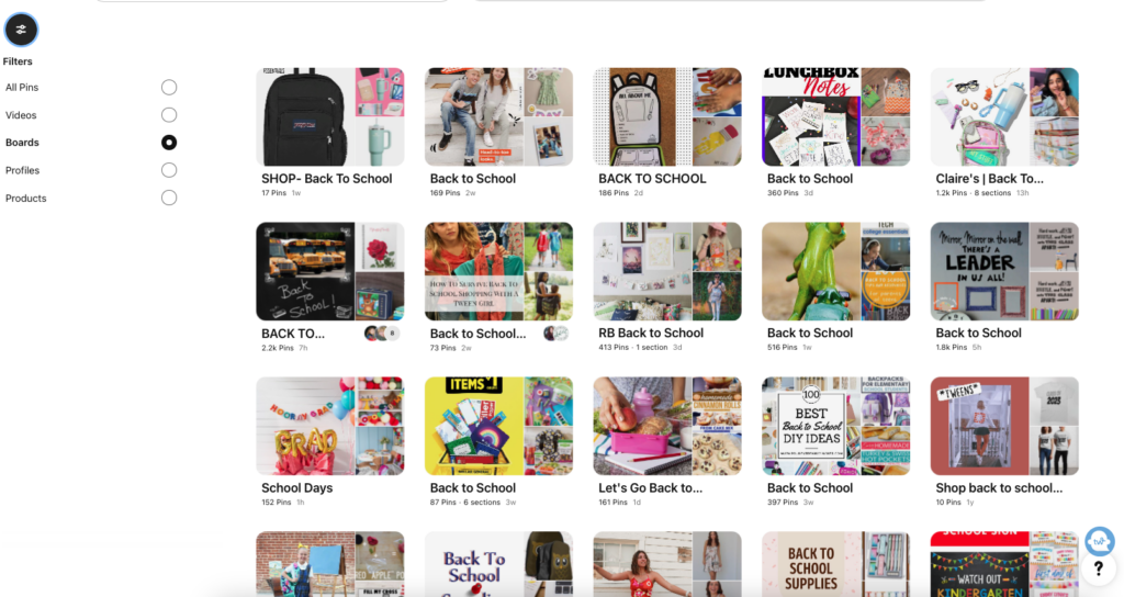 Screenshot from Pinterest of many Back to School boards.