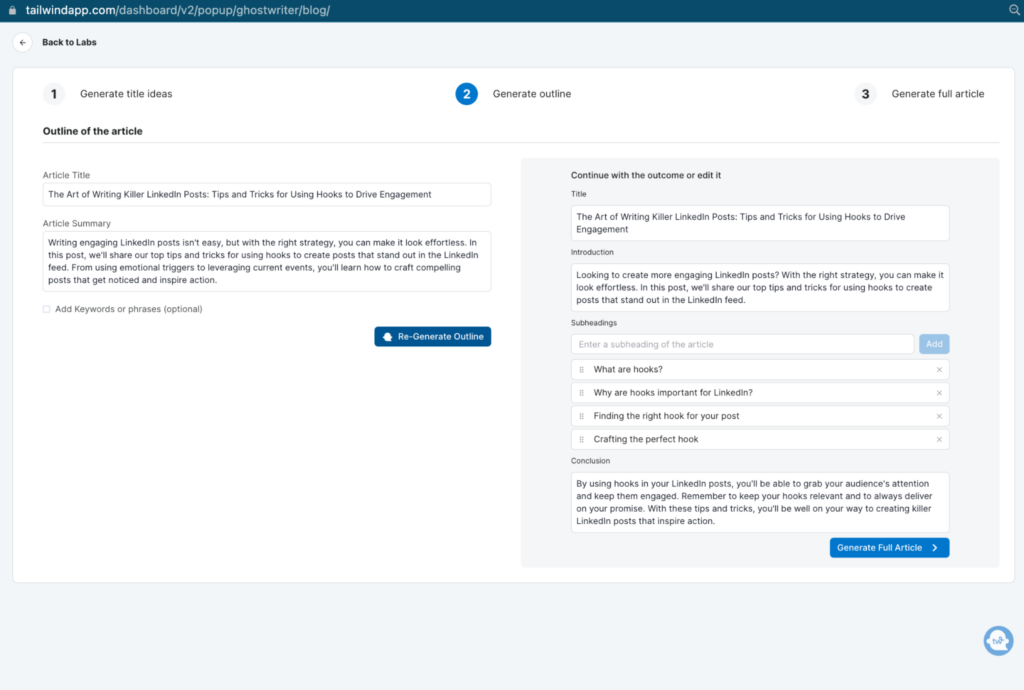 Screenshot of Tailwind Ghostwriter Generate Full Article