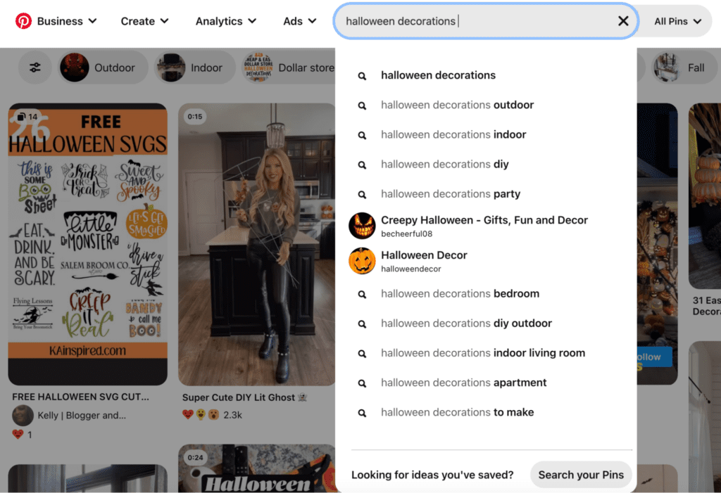 Screenshot of using Pinterest search bar for "halloween decorations"