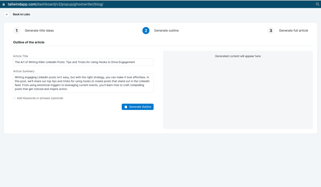 Screenshot of Tailwind Ghostwriter Generate Outline